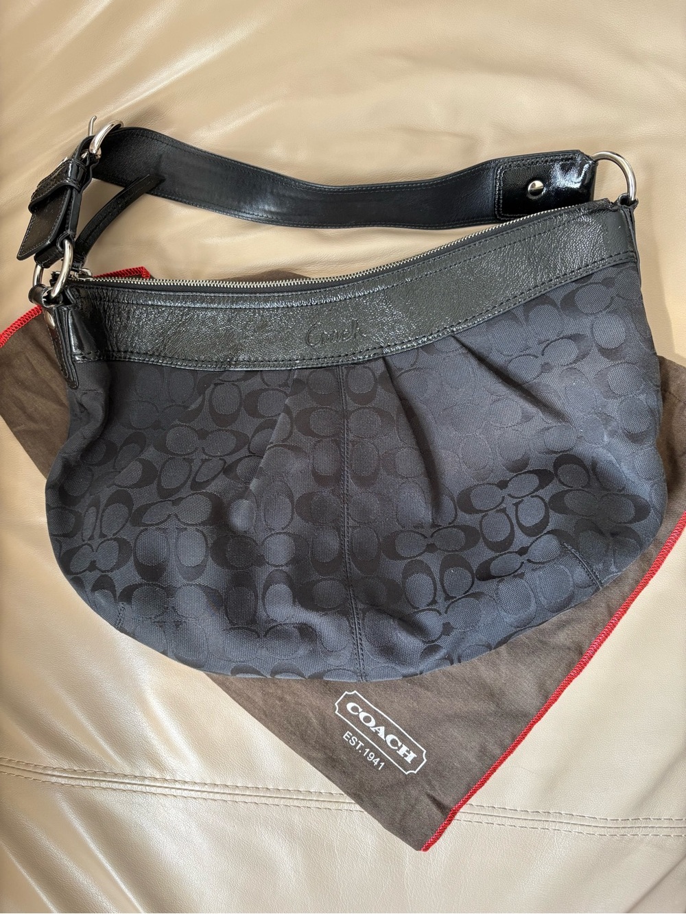Coach Black Signature Crescent Hobo Shoulder Bag